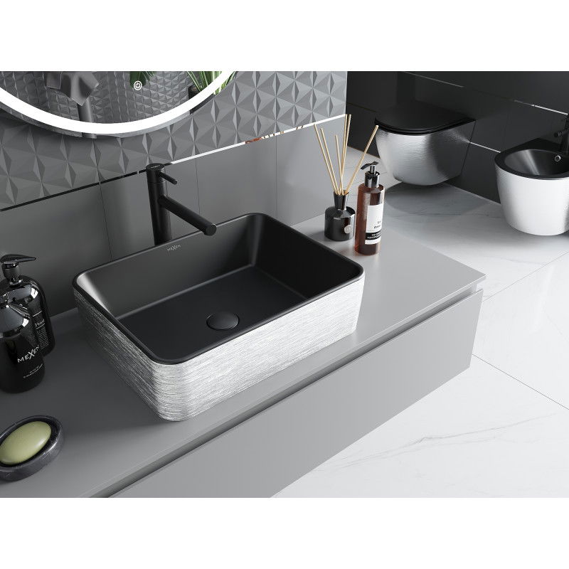 Mexen Catia lavabo à poser 48 x 37 cm, noir mat/motif lignes argentées - 21314873