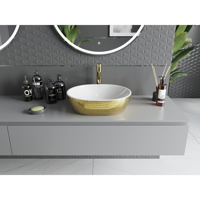 Mexen Viki työtason pesuallas 48 x 35 cm, valkoinen/kultainen suomu kuvio - 21054808