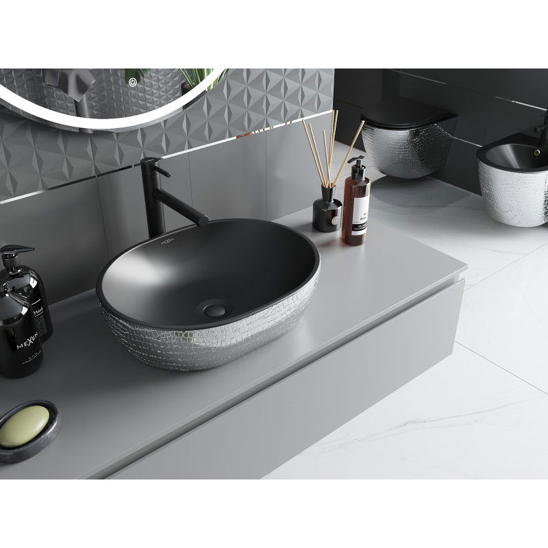 Mexen Viki lavabo de sobreponer 48 x 35 cm, negro mate/patrón escamas plateado - 21054872
