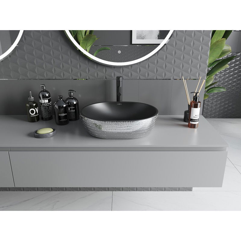 Mexen Viki lavabo de sobreponer 48 x 35 cm, negro mate/patrón escamas plateado - 21054872