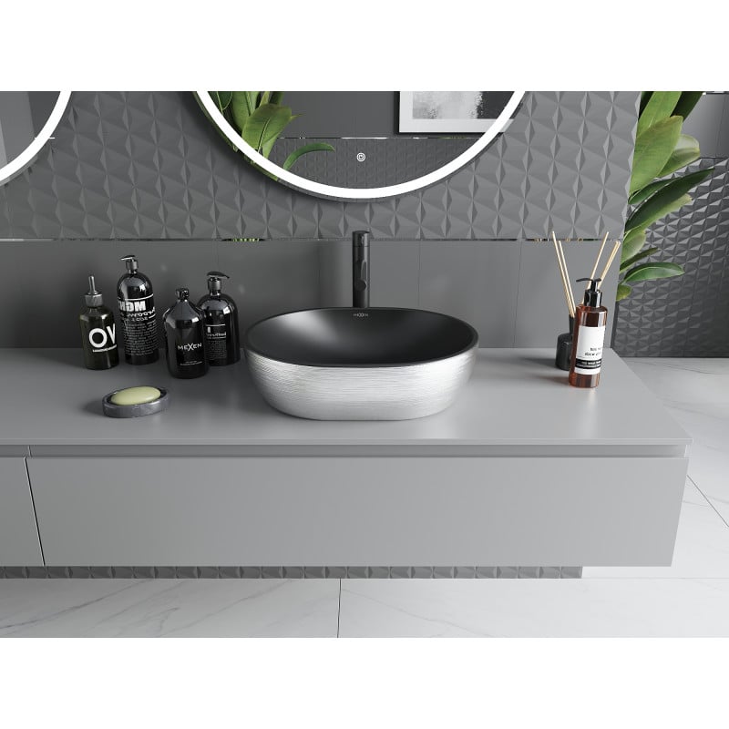 Mexen Viki umywalka nablatowa 48 x 35 cm, czarna mat/srebrna wzór linie - 21054873