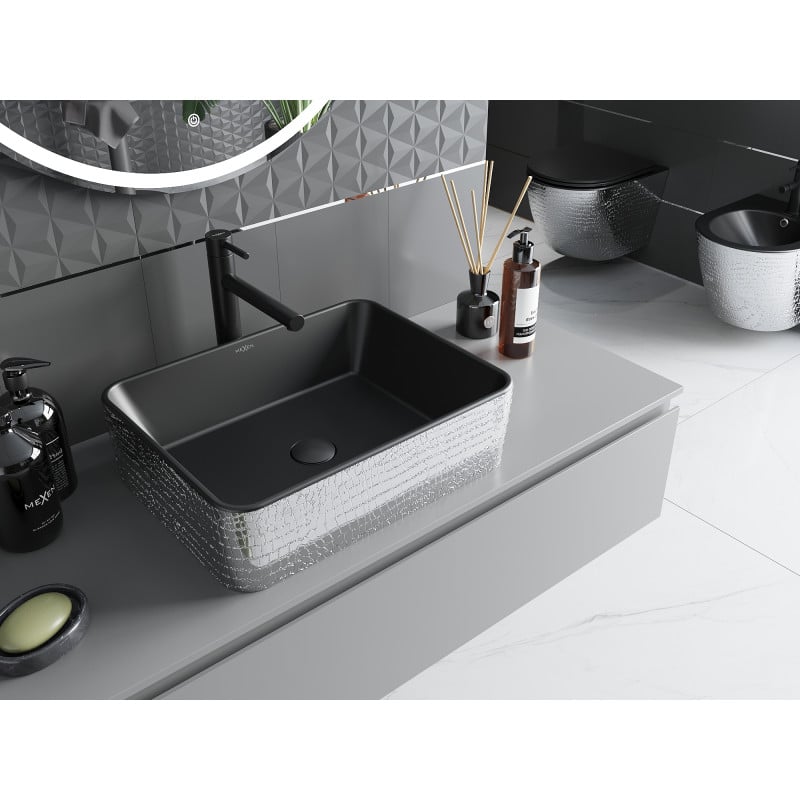 Mexen Catia lavabo sobre encimera 48 x 37 cm, negro mate/patrón plateado a escamas - 21314872