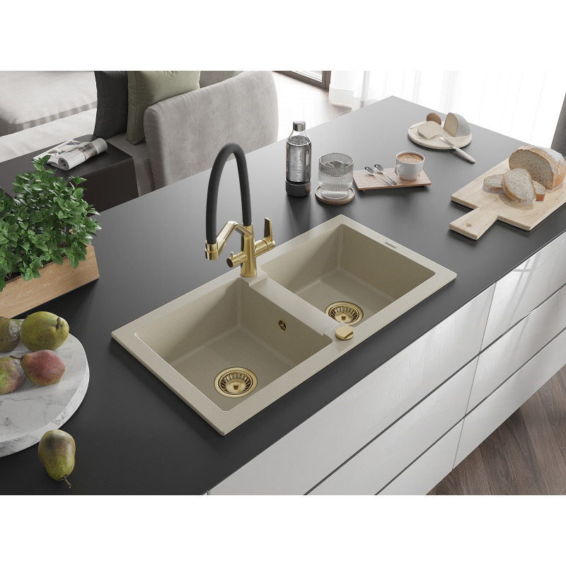 Mexen Mario 2-delige granieten gootsteen met keukenmengkraan Duo, beige - 6504-69-671701-57-G