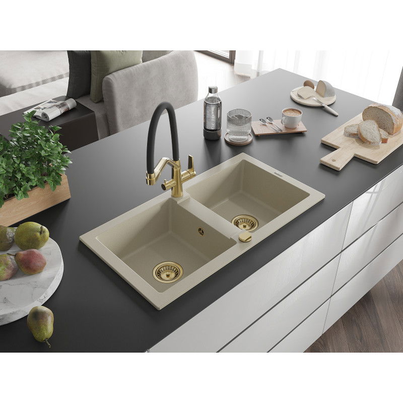 Mexen Mario Granit-Spullsteen duebel mat der Duo-Kichenkran, beige - 6504-69-671701-57-G