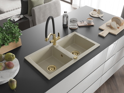 Mexen Mario Granitspüle 2-Kammer mit Küchenarmatur Duo, beige - 6504-69-671701-57-G