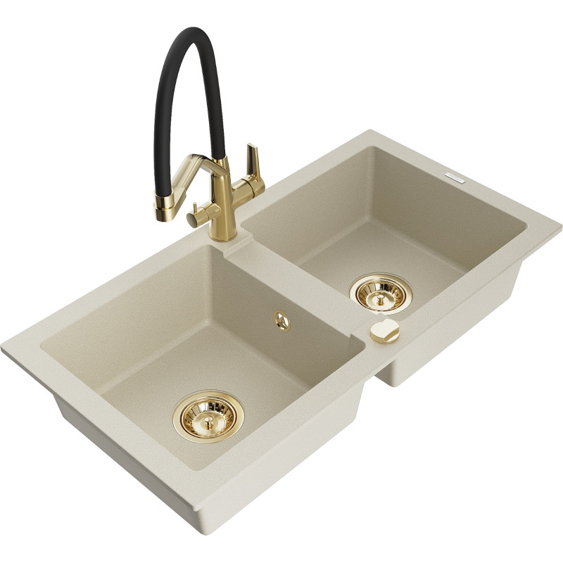 Mexen Mario fregadero de granito de 2 compartimentos con grifo de cocina Duo, beige - 6504-69-671701-57-G