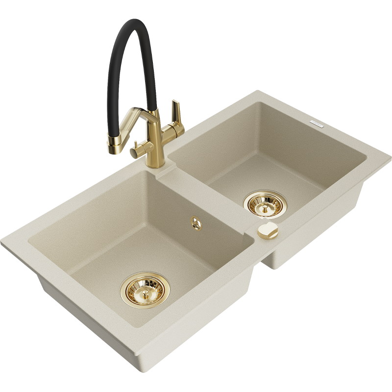 Mexen Mario fregadero de granito de 2 senos con grifo de cocina Duo, beige - 6504-69-671701-57-G