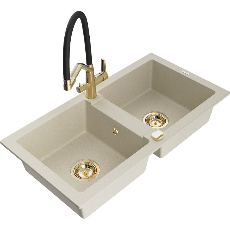 Mexen Mario granite sink 2-bowl with Duo kitchen tap, beige - 6504-69-671701-57-G