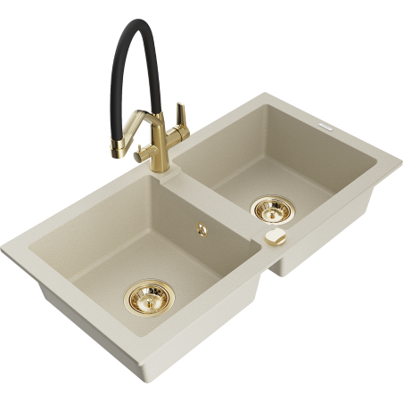 Mexen Mario granite sink 2-bowl with Duo kitchen tap, beige - 6504-69-671701-57-G