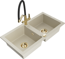 Mexen Mario lavello in granito a 2 vasche con miscelatore cucina Duo, beige - 6504-69-671701-57-G