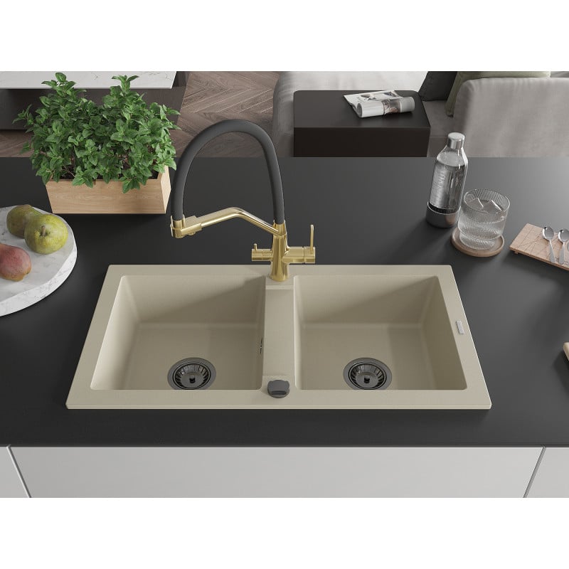 Mexen Mario fregadero de granito de 2 senos con grifo de cocina Duo, beige - 6504-69-671701-57-B