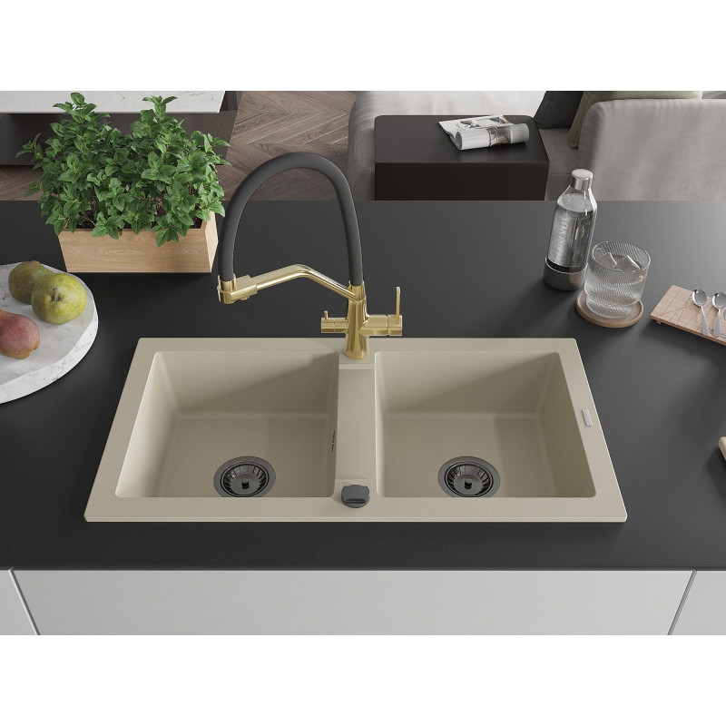 Mexen Mario granit gootsteen met 2 compartimenten met keukenmengkraan Duo, beige - 6504-69-671701-57-B