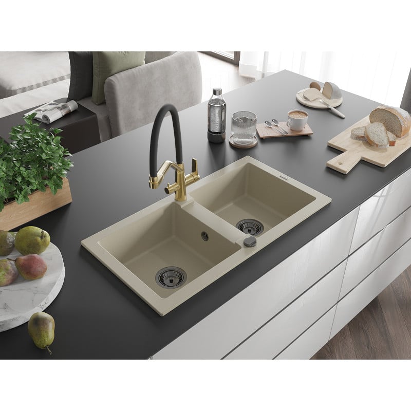 Mexen Mario 2-bowl granite sink with Duo kitchen tap, beige - 6504-69-671701-57-B