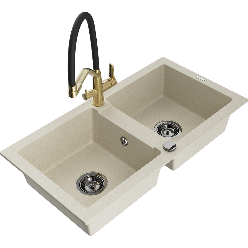 Mexen Mario 2-bowl granite sink with Duo kitchen tap, beige - 6504-69-671701-57-B