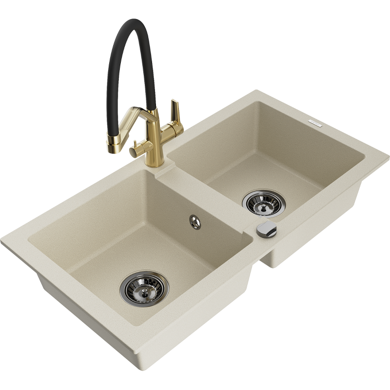 Mexen Mario fregadero de granito de 2 senos con grifo de cocina Duo, beige - 6504-69-671701-57-B