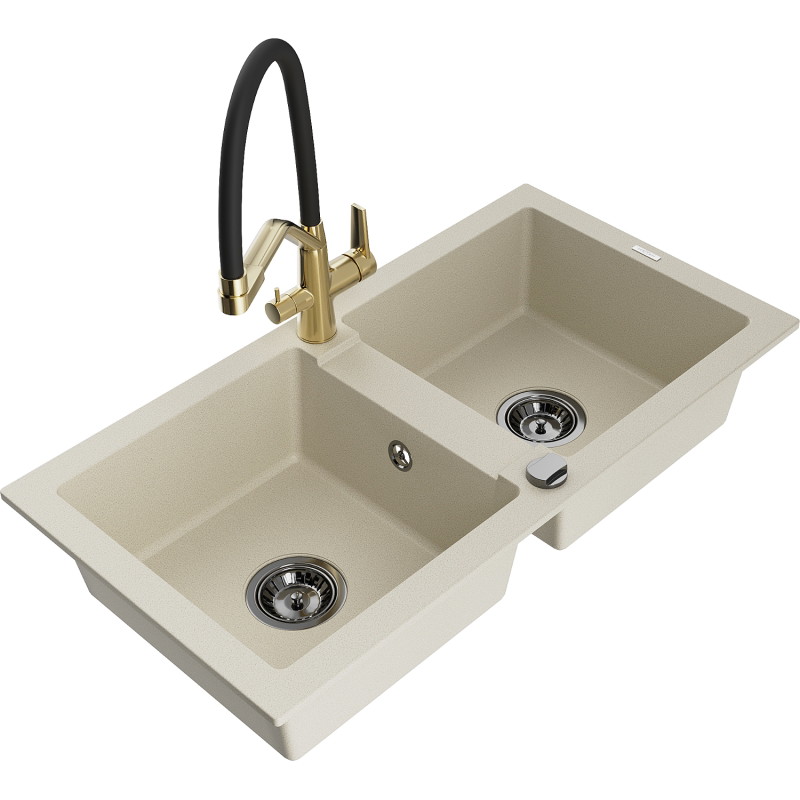Mexen Mario Granitspüle 2-Kammern mit Küchenarmatur Duo, beige - 6504-69-671701-57-B