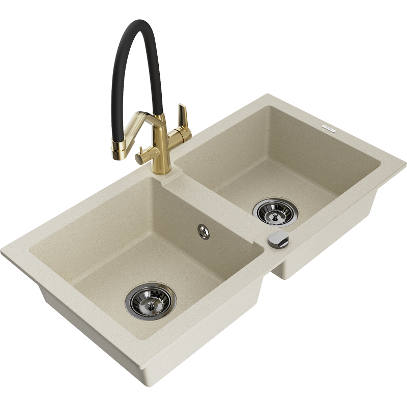 Mexen Mario lavello in granito a 2 vasche con rubinetto da cucina Duo, beige - 6504-69-671701-57-B