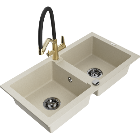 Mexen Mario 2-bowl granite sink with Duo kitchen tap, beige - 6504-69-671701-57-B