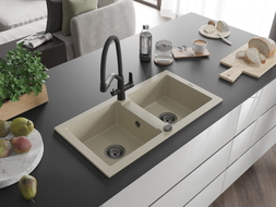 Mexen Mario 2-Komponenten Granitspüle mit Küchenarmatur Duo, Beige - 6504-69-671701-70-B