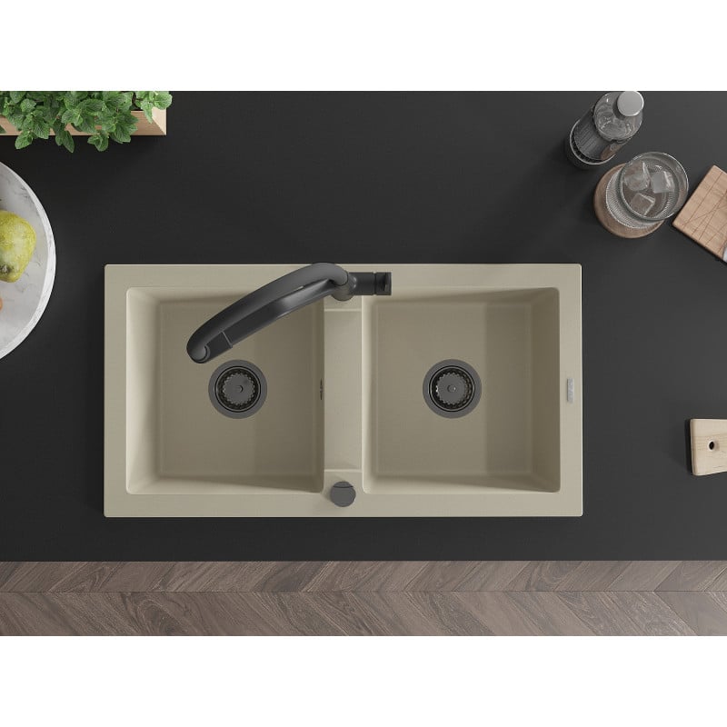 Mexen Mario Granitspüle, 2-Kammern mit Küchenarmatur Duo, beige - 6504-69-671701-70-B