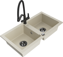Mexen Mario 2-bowl granite kitchen sink with Duo tap, beige - 6504-69-671701-70-B
