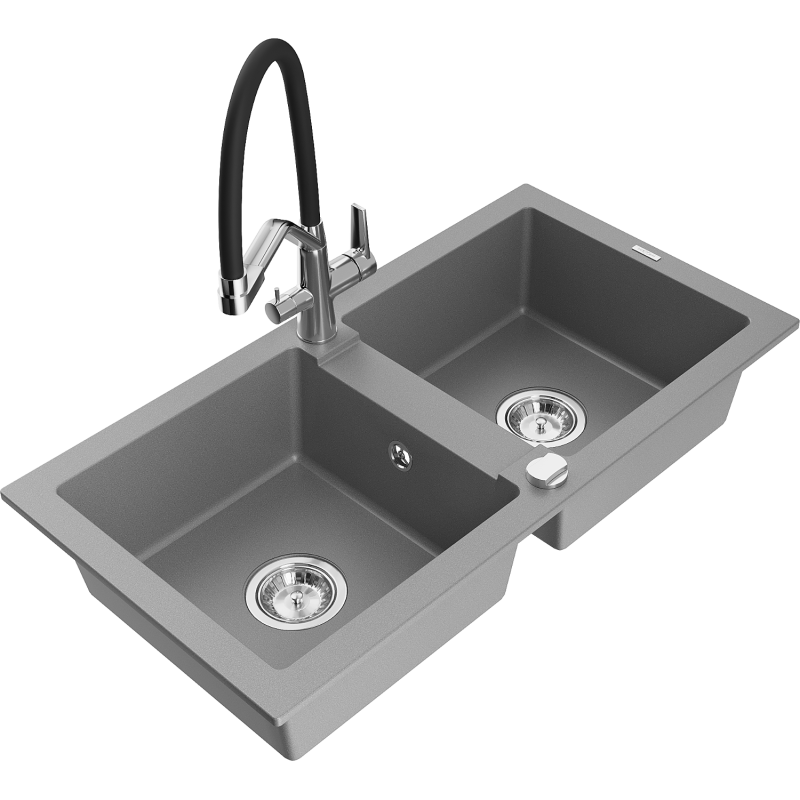 Mexen Mario fregadero de granito de 2 senos con grifo de cocina Duo, gris - 6504-71-671701-07