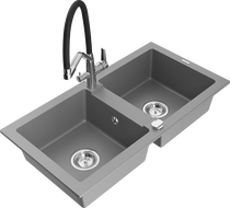 Mexen Mario 2-bowl granite kitchen sink with Duo kitchen mixer tap, grey - 6504-71-671701-07