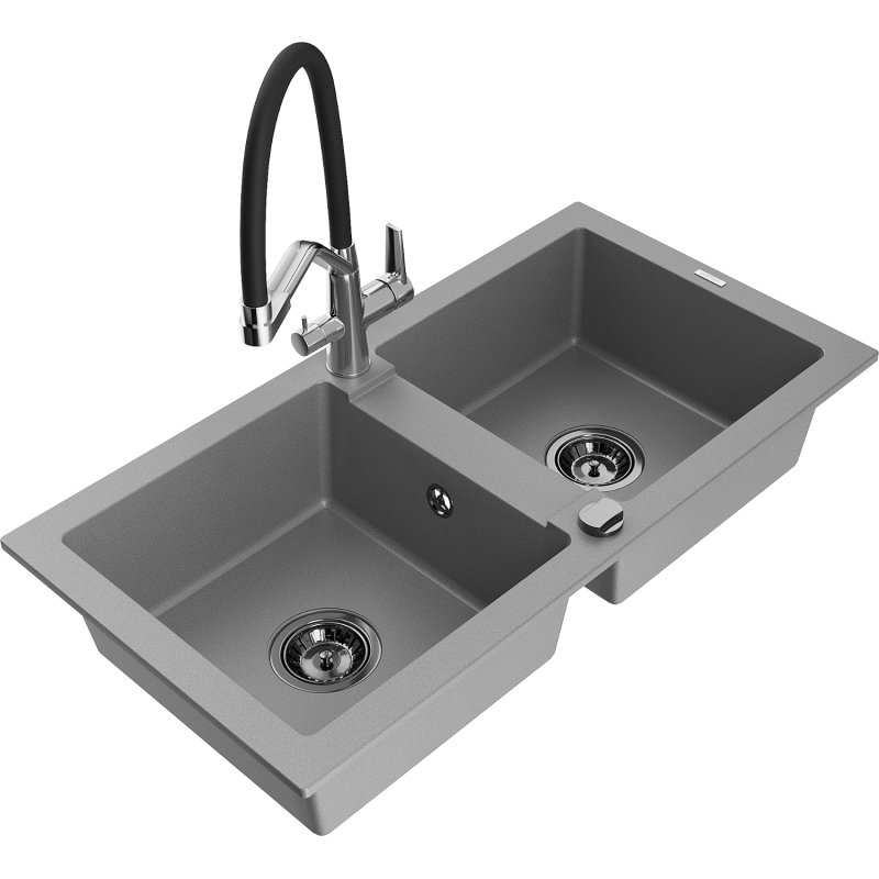 Mexen Mario fregadero de granito de 2 senos con grifo de cocina Duo, gris - 6504-71-671701-07-B