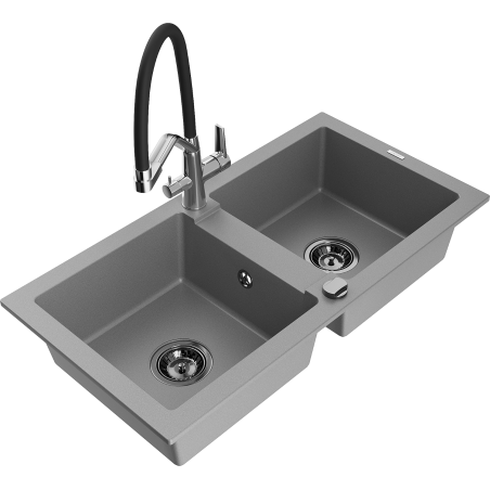 Mexen Mario 2-bowl granite kitchen sink with Duo tap, grey - 6504-71-671701-07-B