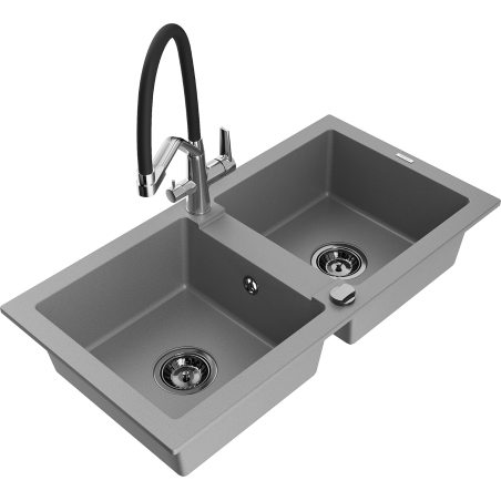 Mexen Mario fregadero de granito de 2 senos con grifo de cocina Duo, gris - 6504-71-671701-07-B