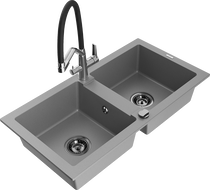 Mexen Mario granite double-bowl sink with Duo kitchen faucet, gray - 6504-71-671701-07-B