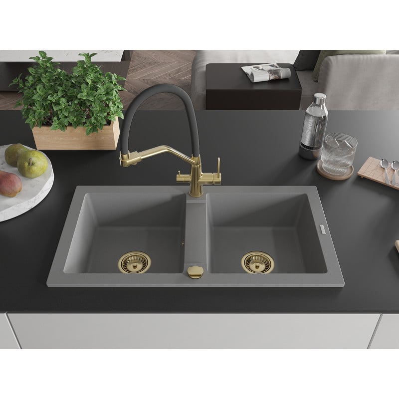 Mexen Mario granite kitchen sink 2-chamber with kitchen tap Duo, grey - 6504-71-671701-57-G