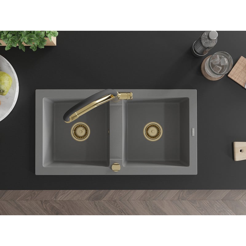 Mexen Mario fregadero de granito de 2 compartimentos con grifo de cocina Duo, gris - 6504-71-671701-57-G