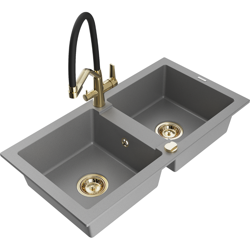 Mexen Mario fregadero de granito de 2 compartimentos con grifo de cocina Duo, gris - 6504-71-671701-57-G