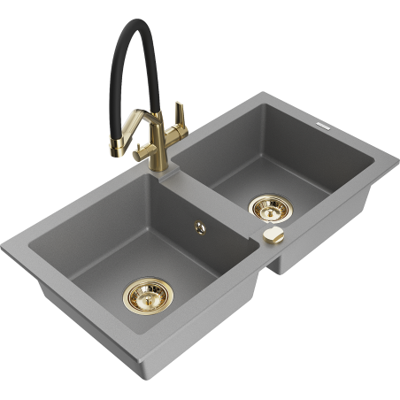 Mexen Mario fregadero de granito de 2 compartimentos con grifo de cocina Duo, gris - 6504-71-671701-57-G