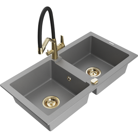 Mexen Mario granite kitchen sink 2-chamber with kitchen tap Duo, grey - 6504-71-671701-57-G