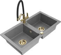 Mexen Mario granite kitchen sink 2-chamber with kitchen tap Duo, grey - 6504-71-671701-57-G