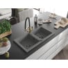Mexen Mario granite sink 2-bowl with Duo kitchen tap, grey - 6504-71-671701-57-B