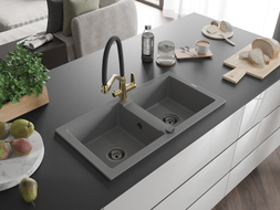 Mexen Mario granite kitchen sink with two bowls and kitchen faucet Duo, gray - 6504-71-671701-57-B