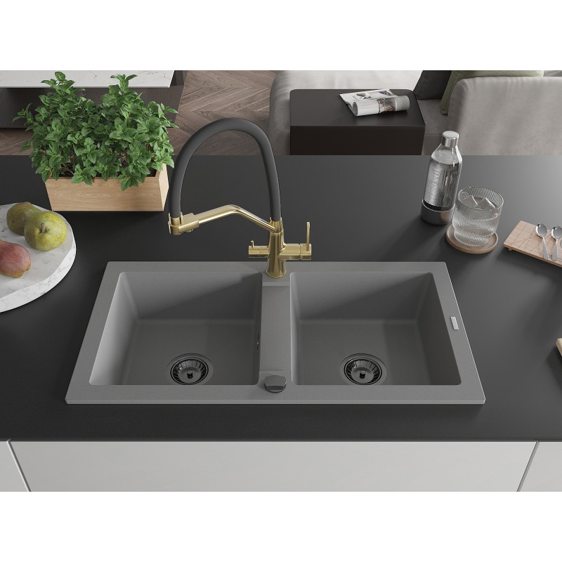 Mexen Mario fregadero de granito de 2 cubetas con grifo de cocina Duo, gris - 6504-71-671701-57-B