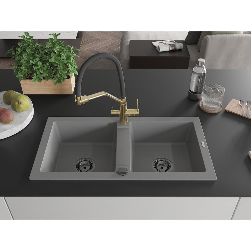 Mexen Mario granite sink 2-bowl with Duo kitchen tap, grey - 6504-71-671701-57-B