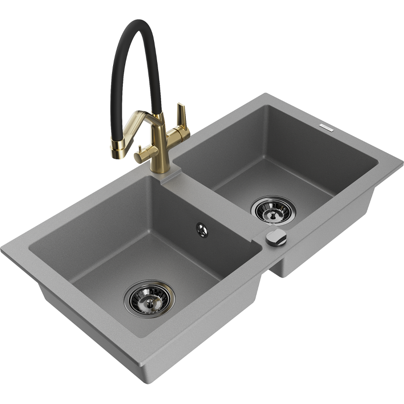 Mexen Mario granite sink 2-bowl with Duo kitchen tap, grey - 6504-71-671701-57-B