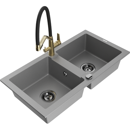 Mexen Mario granite sink 2-bowl with Duo kitchen tap, grey - 6504-71-671701-57-B