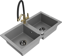 Mexen Mario granite sink 2-bowl with Duo kitchen tap, grey - 6504-71-671701-57-B
