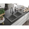 Mexen Mario granite sink 2-bowl with Duo kitchen tap, grey - 6504-71-671701-70-B