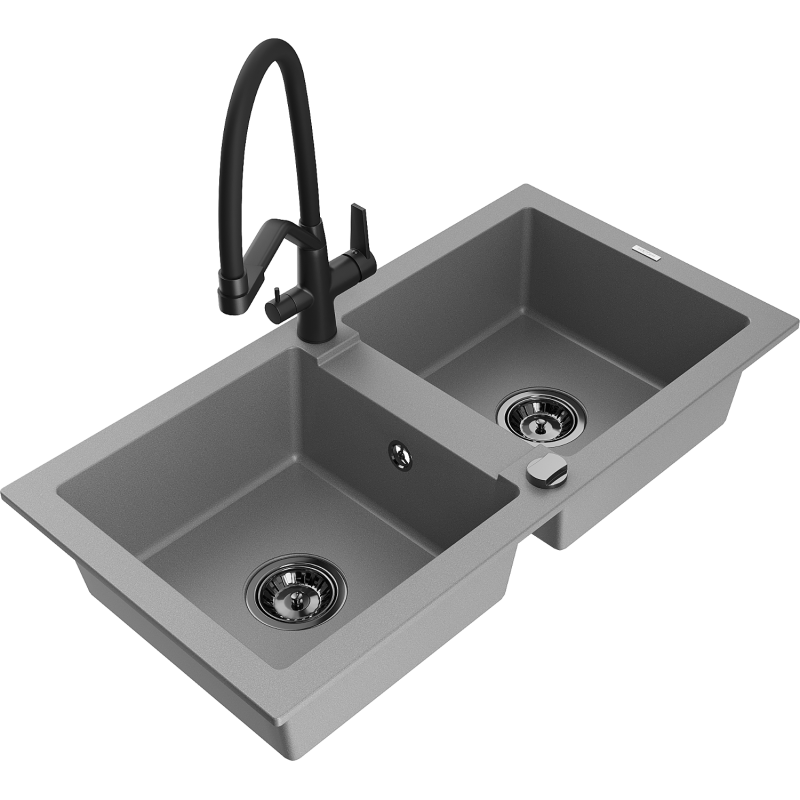 Mexen Mario granite sink 2-bowl with Duo kitchen tap, grey - 6504-71-671701-70-B