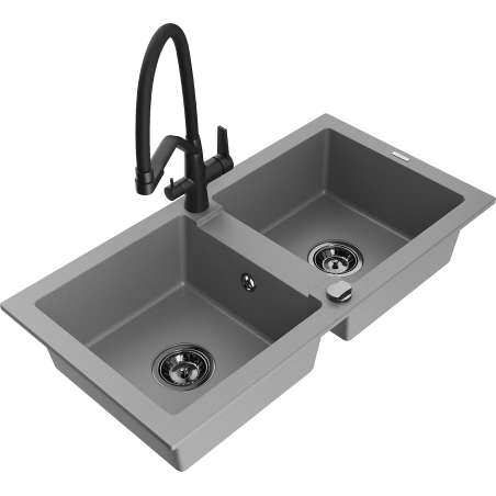 Mexen Mario granite sink 2-bowl with Duo kitchen tap, grey - 6504-71-671701-70-B