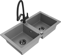 Mexen Mario granite sink 2-bowl with Duo kitchen tap, grey - 6504-71-671701-70-B