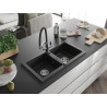 Mexen Mario Granit-Doppelspülbecken mit Küchenarmatur Duo, schwarz/silber metallic - 6504-73-671701-07