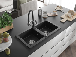 Mexen Mario Granitspüle 2-Kammer mit Küchenarmatur Duo, schwarz/silber metallic - 6504-73-671701-07